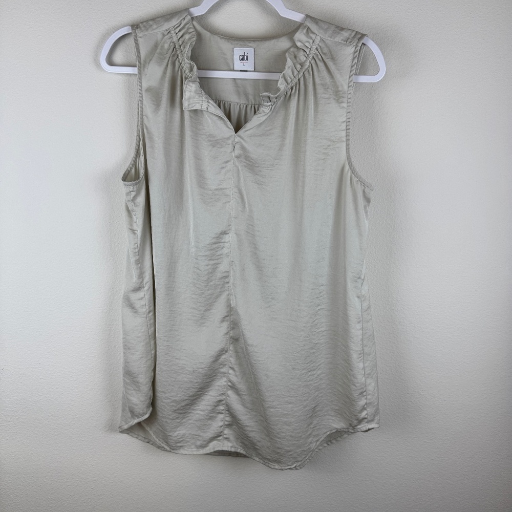 CAbi Sleeveless Ruffle V-Neck Satin Shell in Light Sage